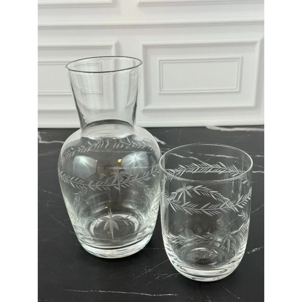VTG Floral Etched Clear Crystal Carafe with Water Glass Set 7